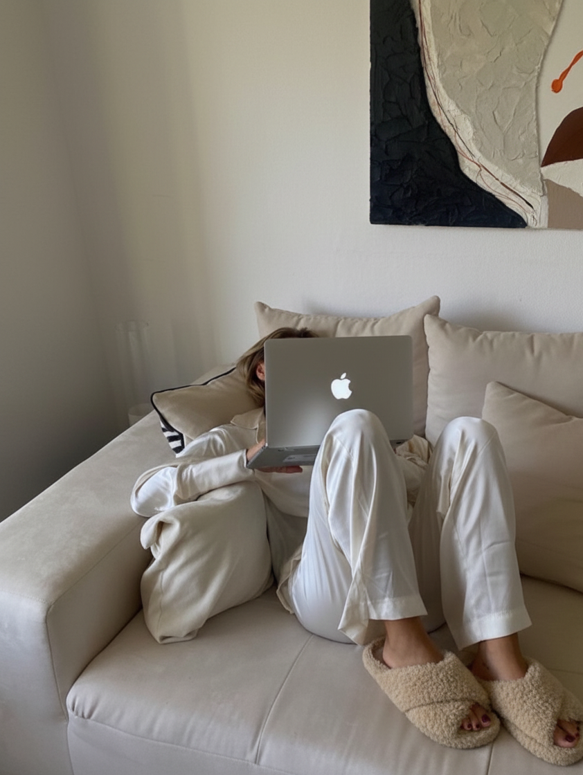 A woman sitting on a beige sofa in loungewear with a laptop resting on her knees, appearing tired and absorbed in work — a quiet, soft scene capturing modern burnout and emotional exhaustion.