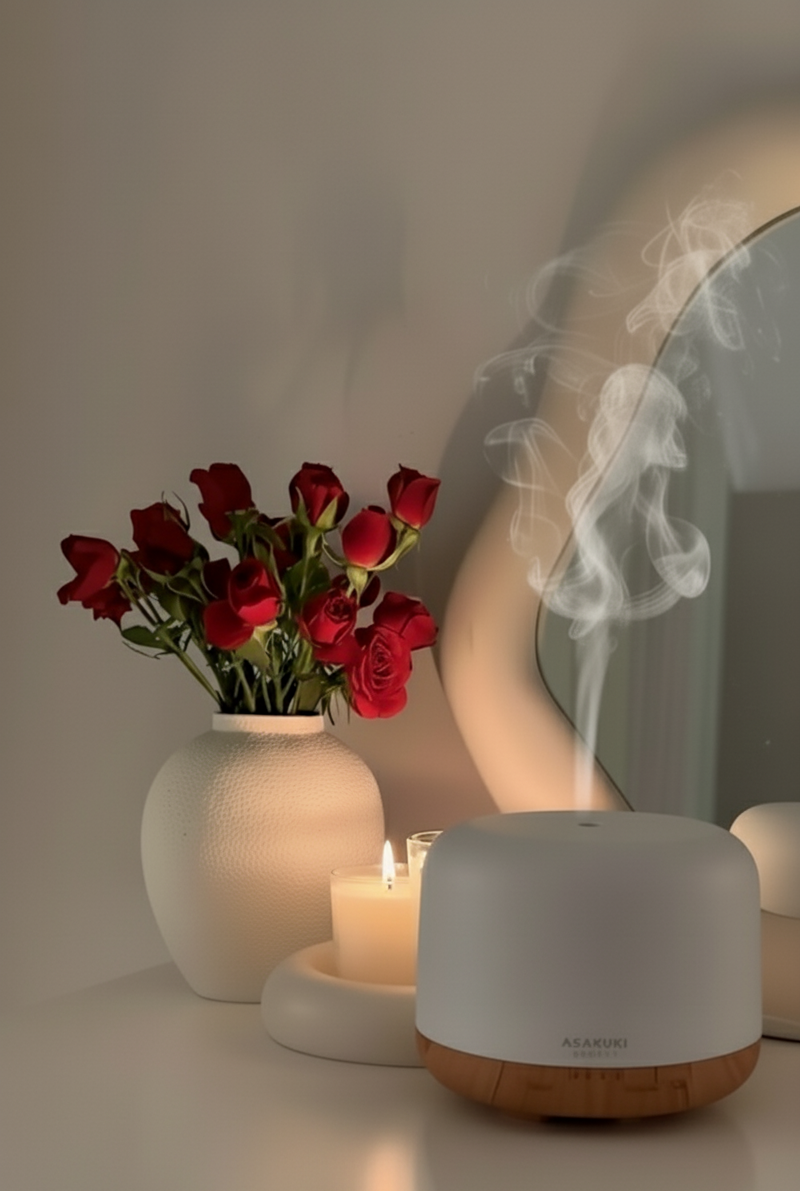 A warm, cozy corner with red roses in a white vase, a glowing candle, and an ASAKUKI essential oil diffuser releasing gentle steam beside a soft-curved mirror.
