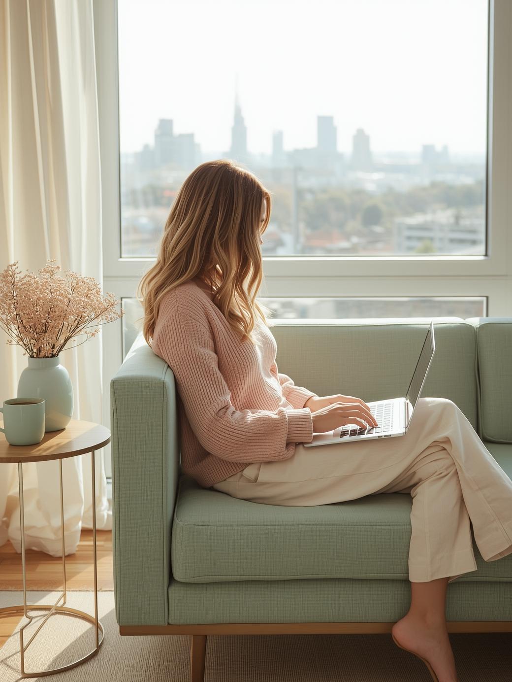 Woman working from home on a laptop while sitting on a sofa in a bright living room with city view, calm remote work lifestyle