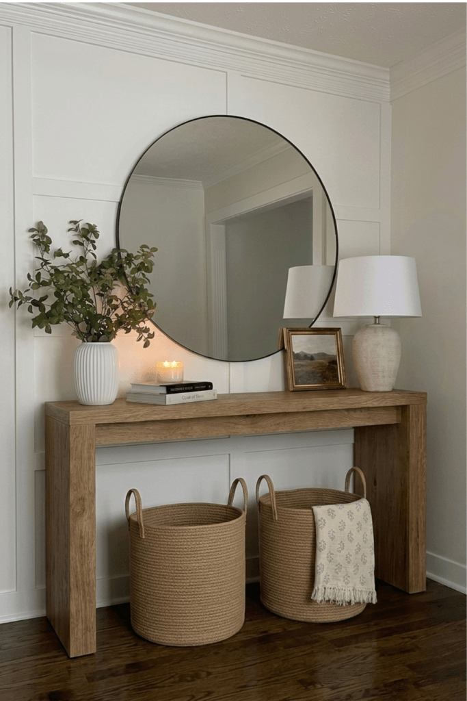 cozy entryway decor with round mirror wooden console table lamp vase greenery and woven baskets in a neutral home