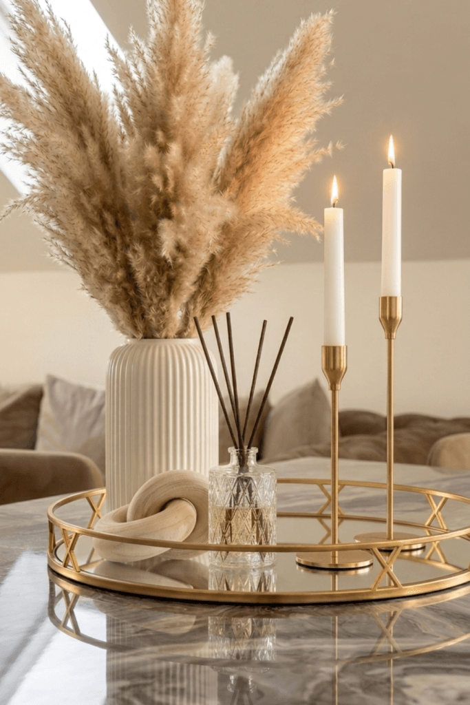 cozy coffee table decor with gold tray candles and pampas in a neutral living room
