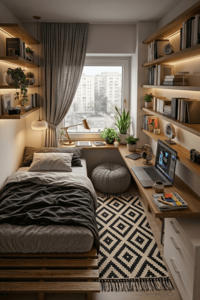 alt="small bedroom with desk and shelves modern layout tiny space workspace next to bed cozy compact room design"