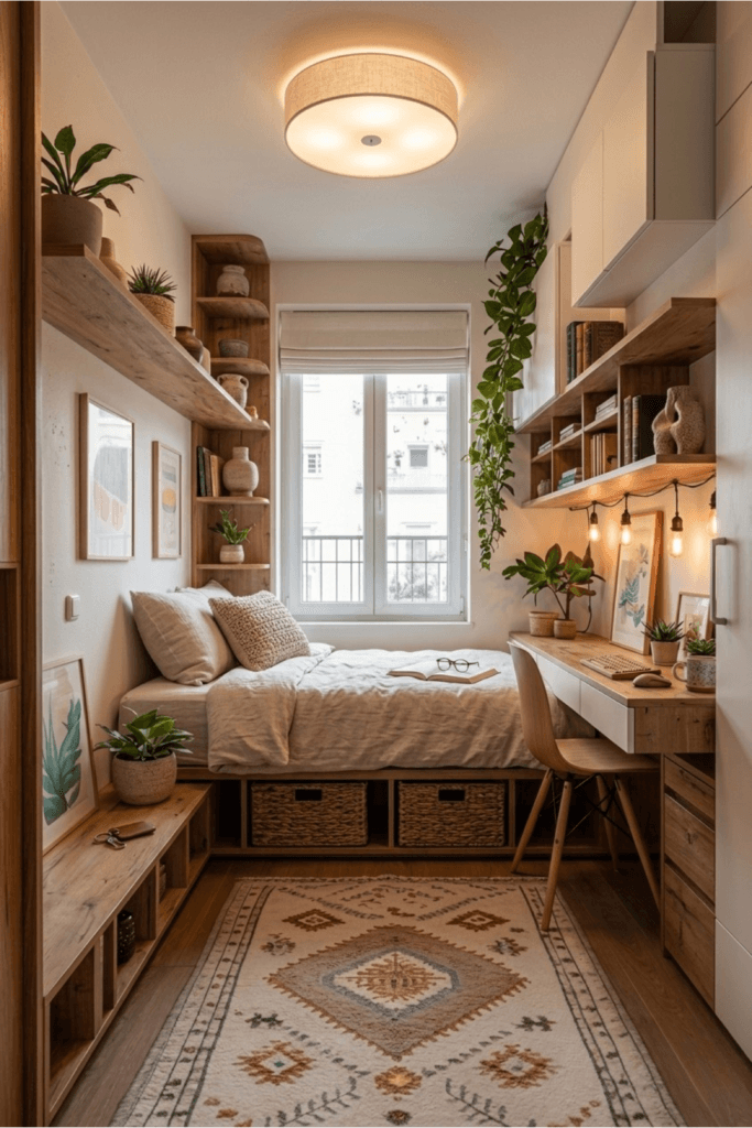 alt="small bedroom with vertical storage shelves and desk built in bed drawers tiny room space saving ideas"

