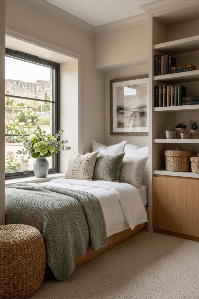 alt="small bedroom with natural light window cozy neutral decor tiny space calm minimal bedroom design"