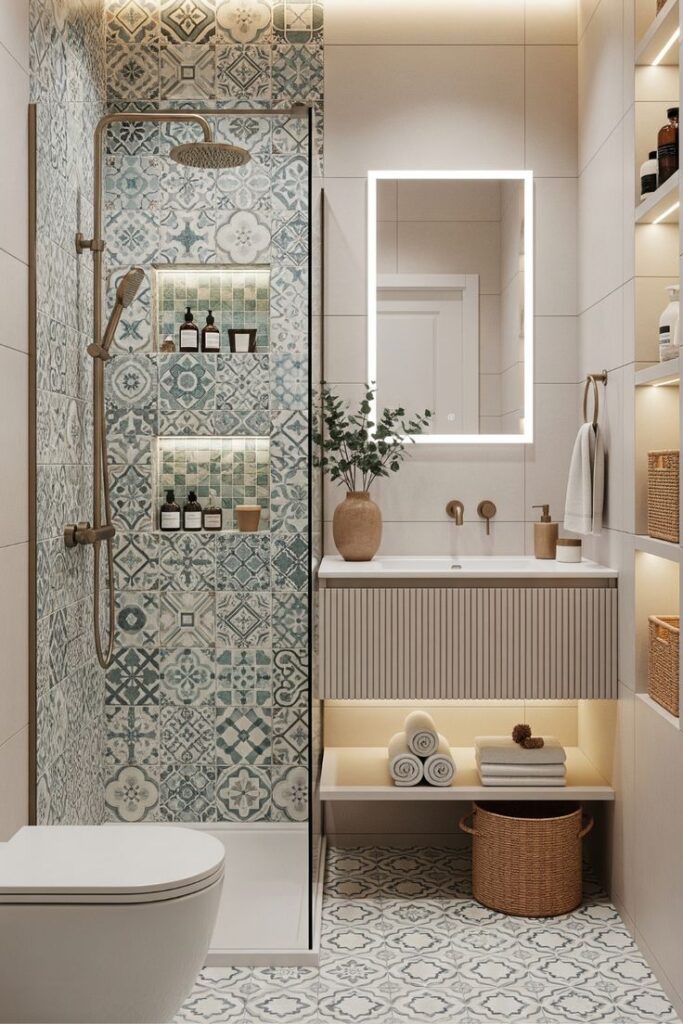 small bathroom with patterned tile, built in niche shelving and modern mirror lighting