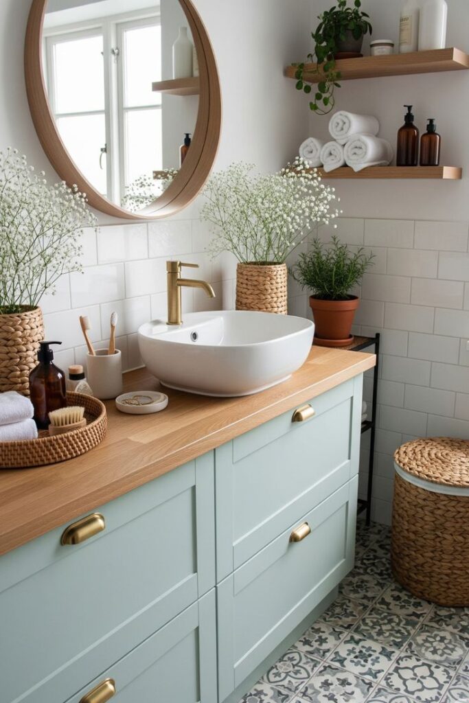 small bathroom with green vanity, round mirror, styled shelves and neutral accessories in a clean aesthetic