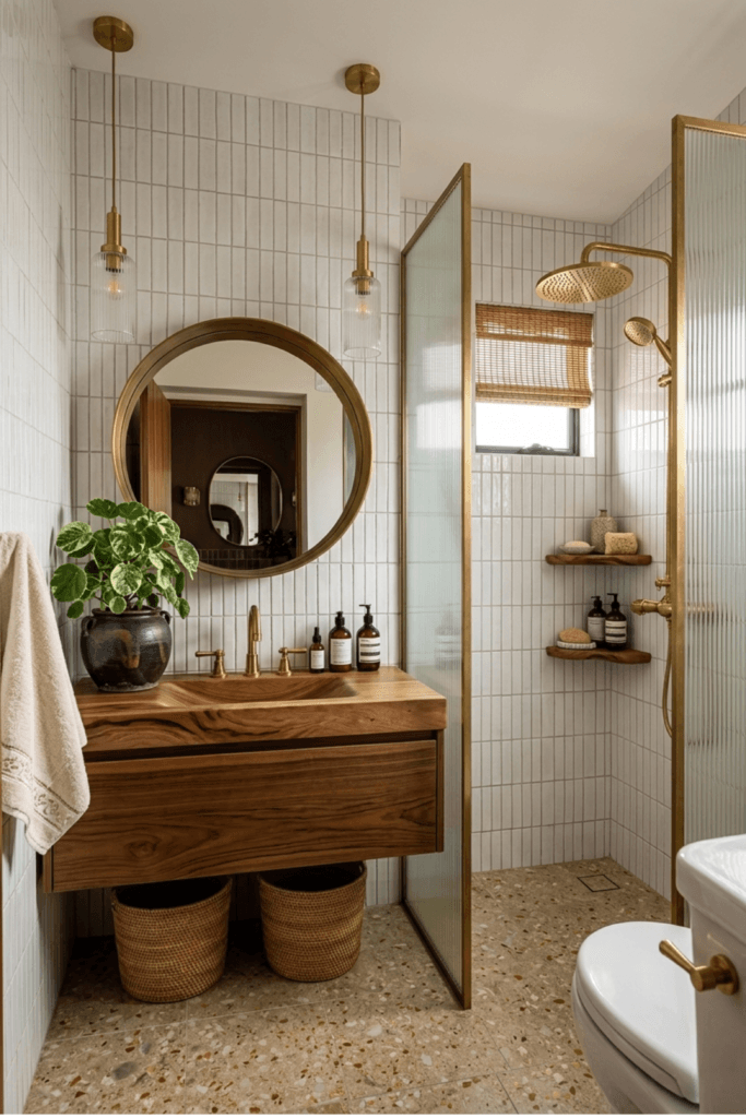 small bathroom with floating wood vanity, round mirror, brass fixtures and frameless glass shower in neutral tones