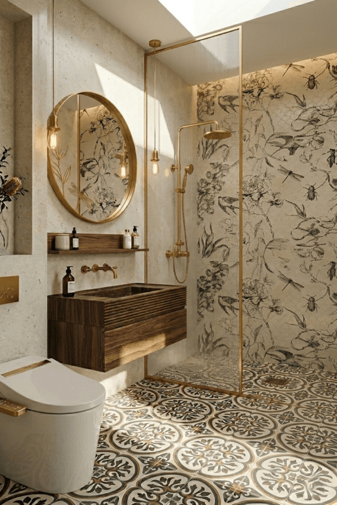 small bathroom with patterned statement wall, brass shower fixtures and glass partition in a modern design