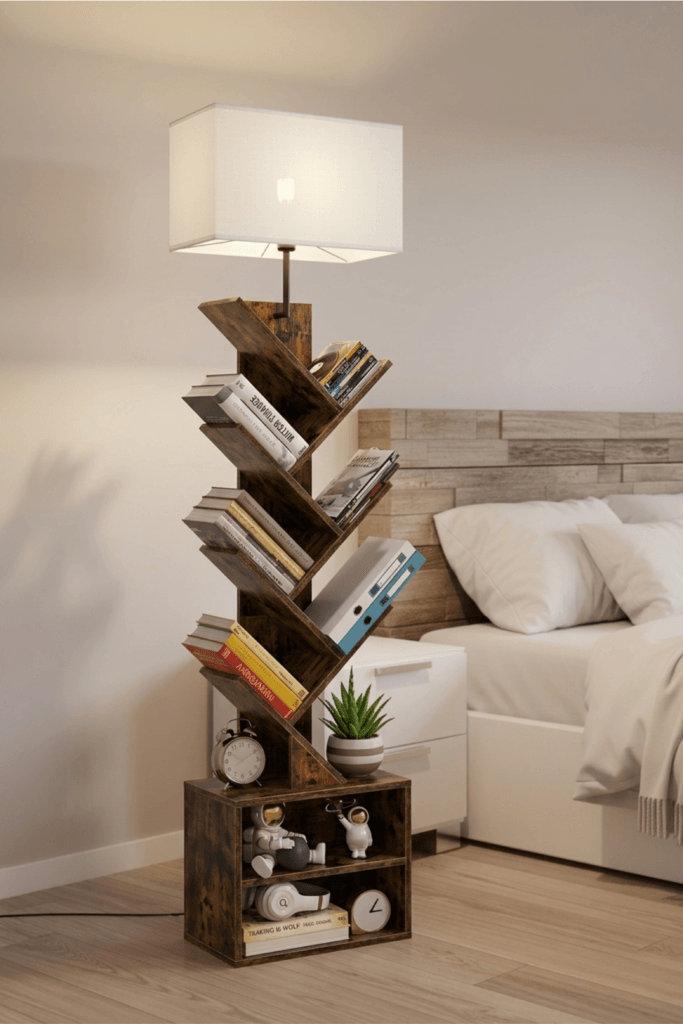 floor lamp with shelves small space bedroom tree bookshelf lamp nightstand alternative rustic wood storage lamp