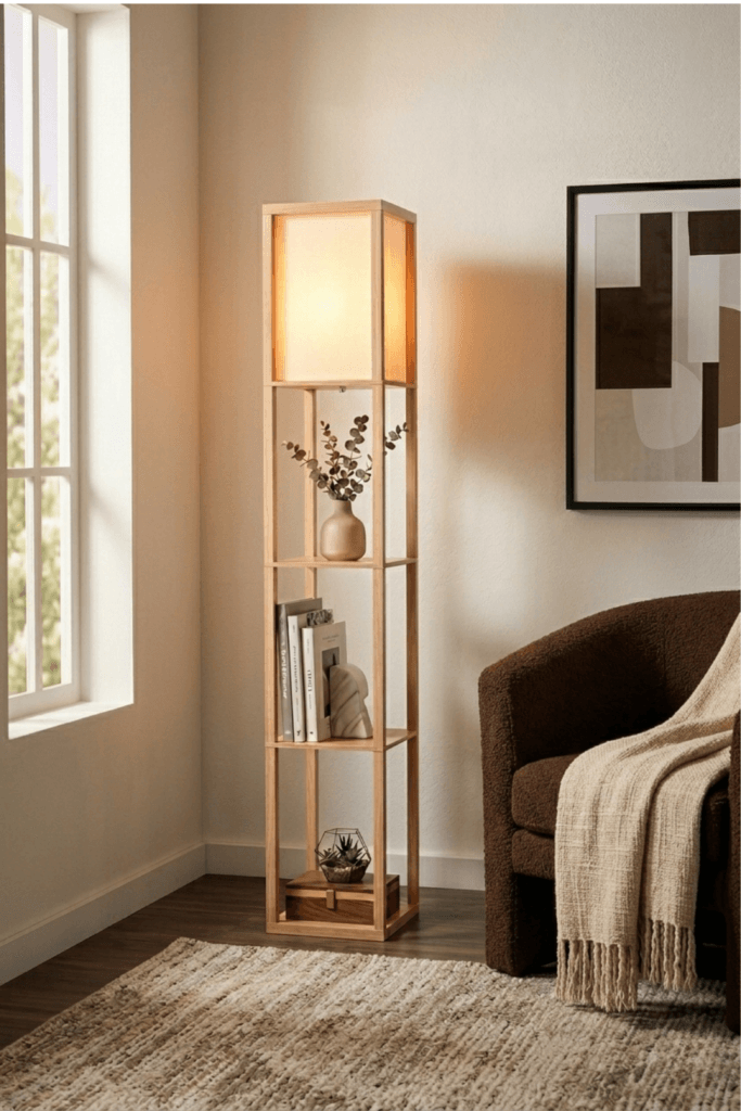 minimalist floor lamp with shelves small living room corner lighting soft fabric shade modern storage lamp