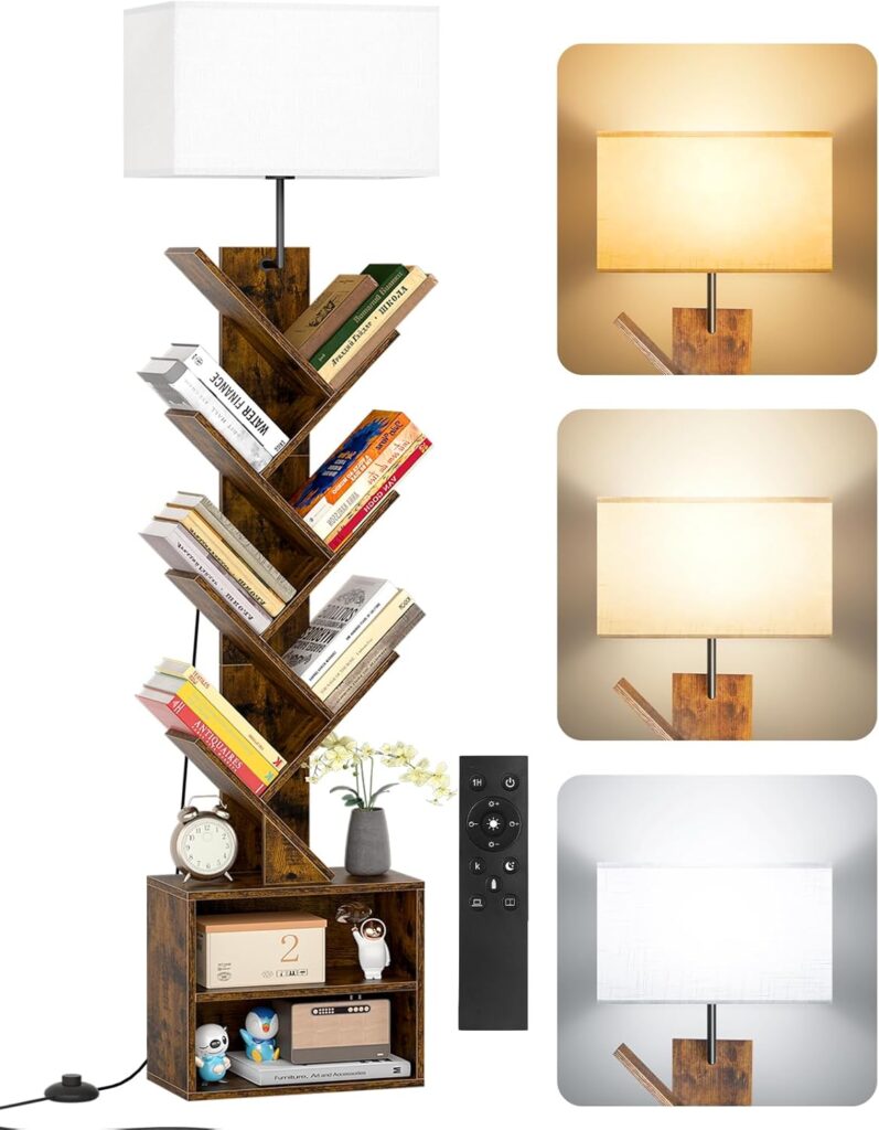 dimmable floor lamp with shelves remote control lighting modes modern bookshelf lamp small space storage lighting