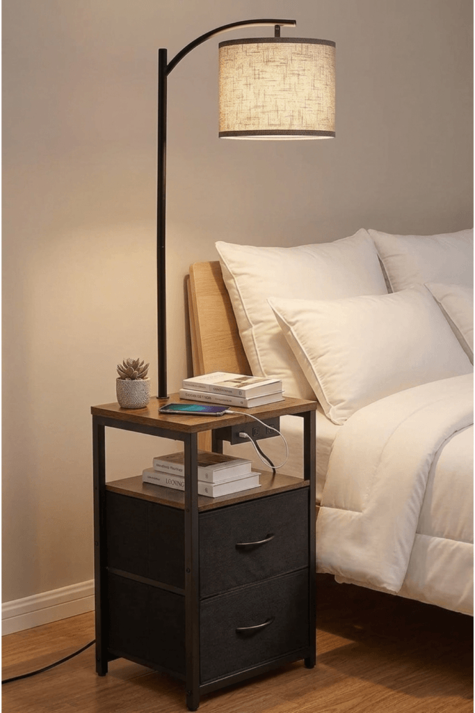 floor lamp with shelves and drawers usb charging nightstand alternative small bedroom storage lighting solution