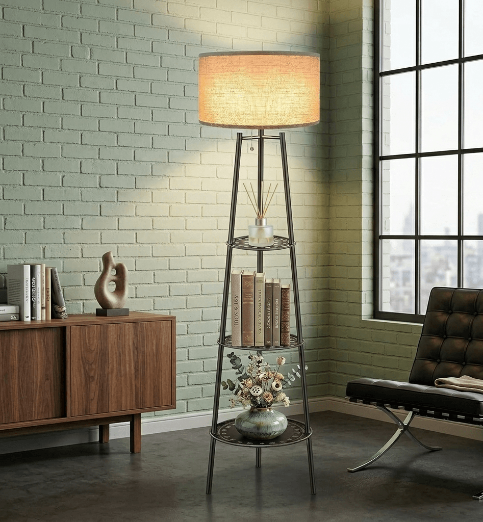 modern floor lamp with shelves decorative storage lighting living room stylish small space shelf lamp