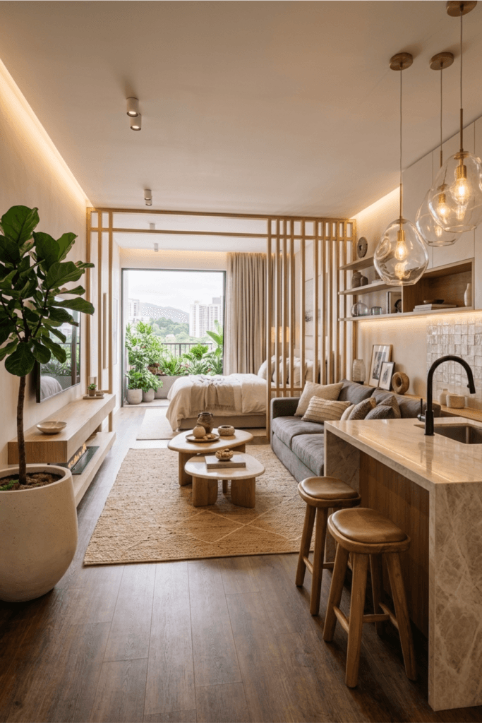small apartment open layout zoning ideas with wood divider studio apartment design small space big style modern neutral home