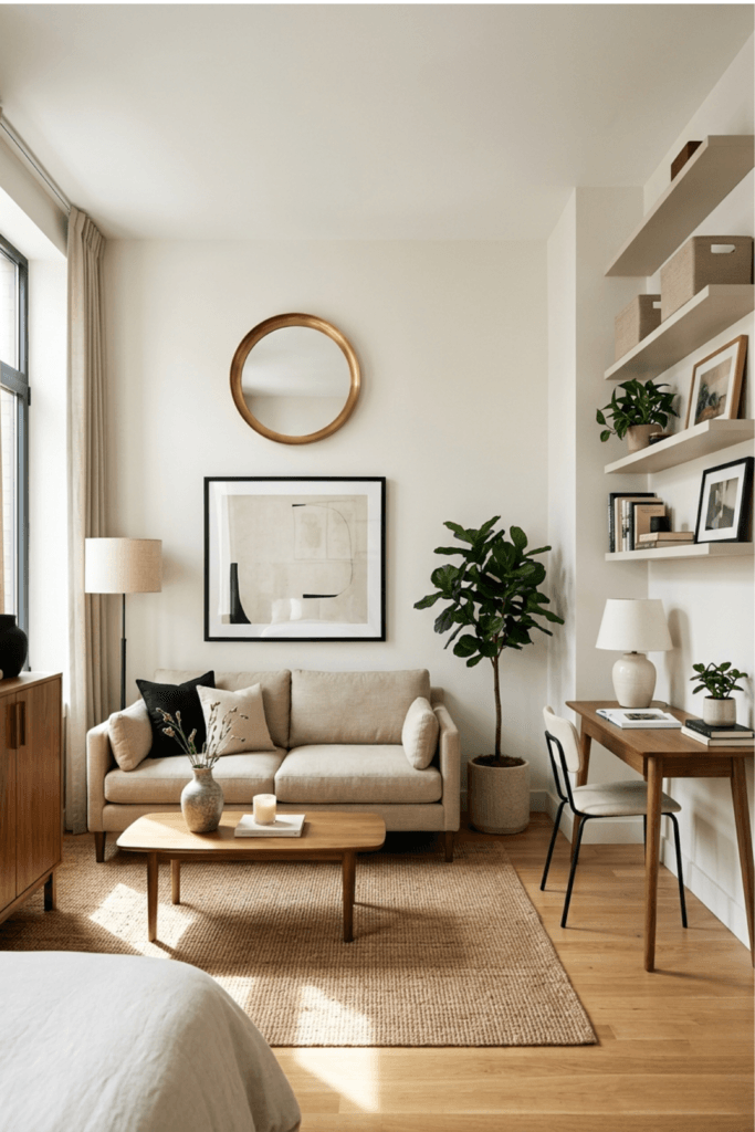 small living room ideas with wall shelves mirror and neutral decor vertical space styling small apartment interior design ideas