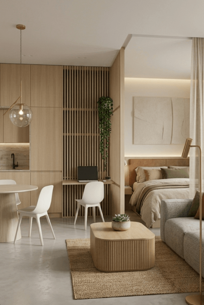 studio apartment zoning ideas bedroom living room separation small space layout with wood partition modern apartment design