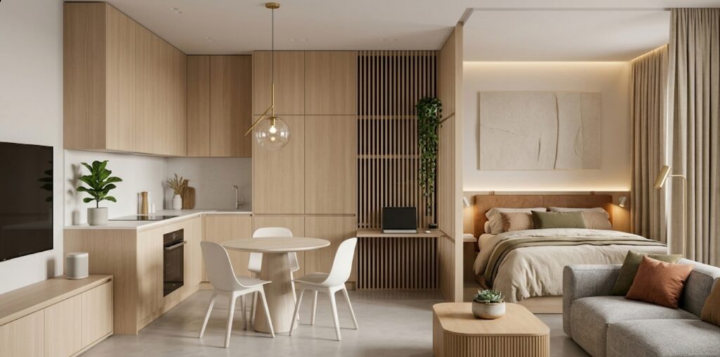 minimalist small apartment living room neutral colors decluttered space clean aesthetic small space design ideas