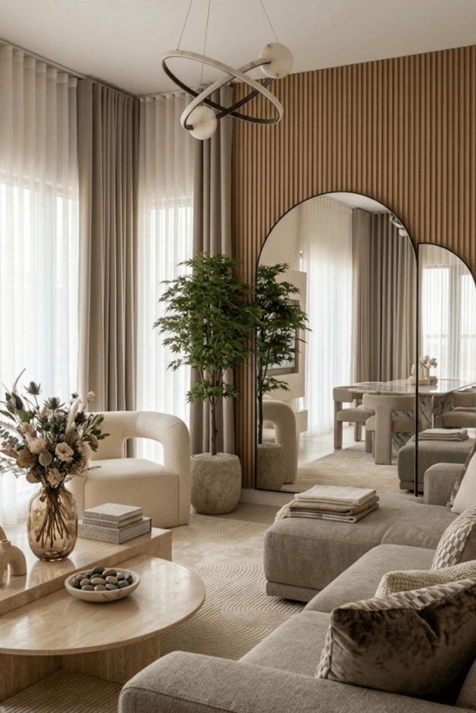 Cozy neutral living room with wood slat accent wall, large arched mirrors, soft beige sofa and layered textures creating a calm, warm and visually quiet space
