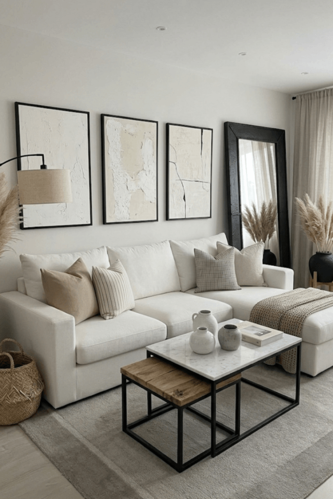 Cozy living room corner with soft throw blanket, textured pillows, candle and flowers, showing layered fabrics and warm hygge atmosphere