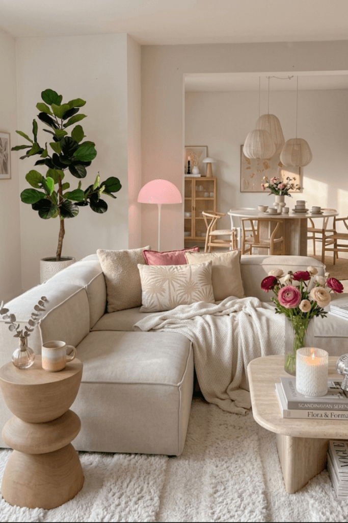Minimal cozy living room with white sofa, neutral pillows and black frame wall art, creating visual silence through balanced colors and simple decor styling