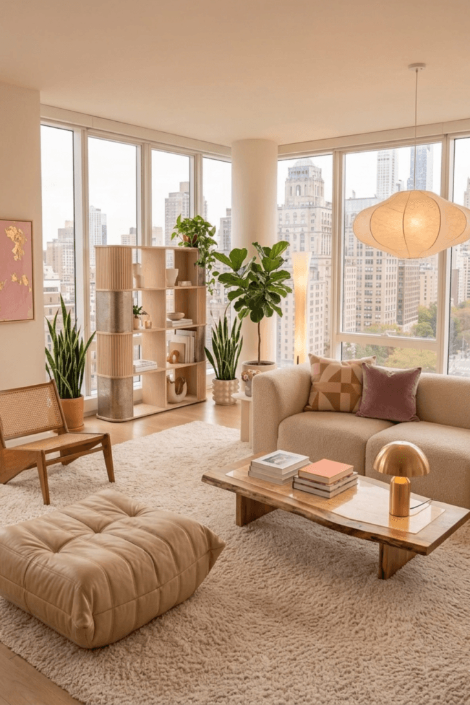 Bright cozy living room with large windows, soft neutral tones, indoor plants and natural light creating an airy and calm relaxing space