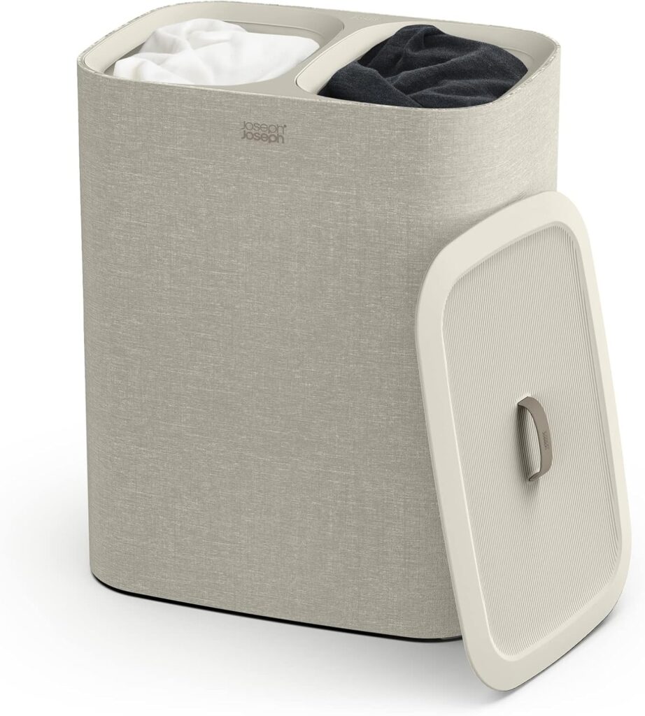 divided laundry hamper with two sections for sorting clothes in small laundry room
