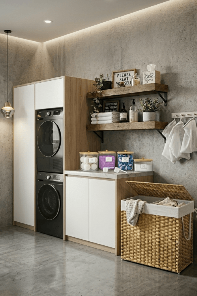 modern small laundry room storage system with shelves containers and hidden laundry basket