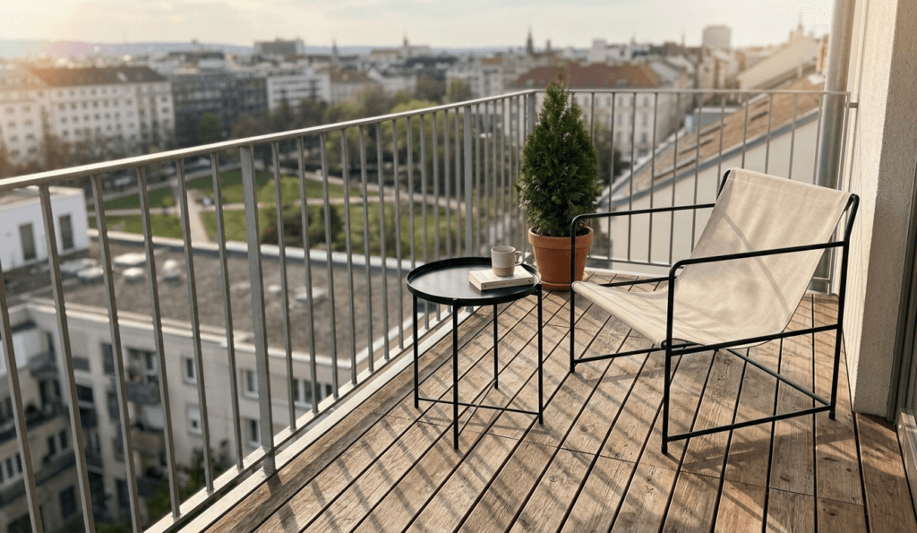small balcony setup with minimalist chair and table, cozy outdoor seating with city view, clean and calm balcony design