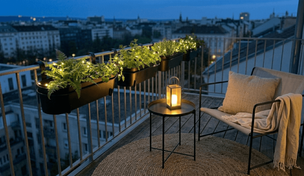 cozy small balcony at night with warm lights, lantern and soft seating, relaxing evening balcony atmosphere