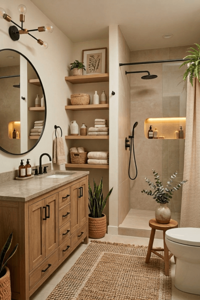 Small bathroom with warm wood shelves, soft neutral tones, textured walls, and minimal decor creating a calm and spacious feeling