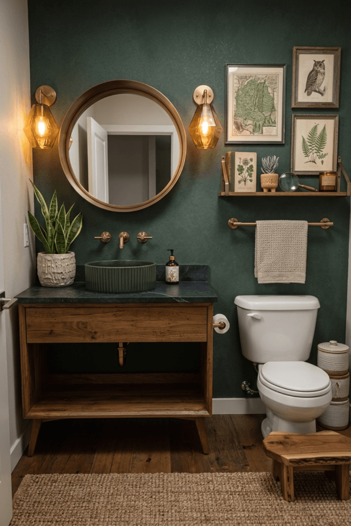 Warm luxury bathroom with soft lighting, natural textures, neutral tones, and relaxing spa inspired atmosphere