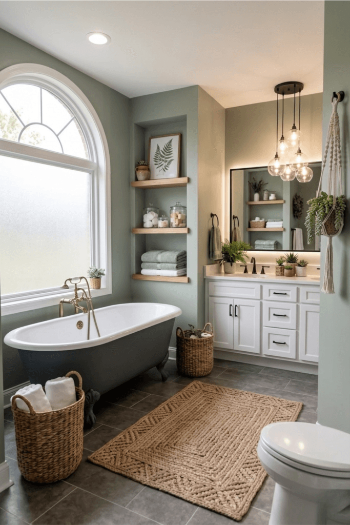 Soft sage green bathroom with warm wood vanity, neutral textures, cohesive materials, and calming minimalist design