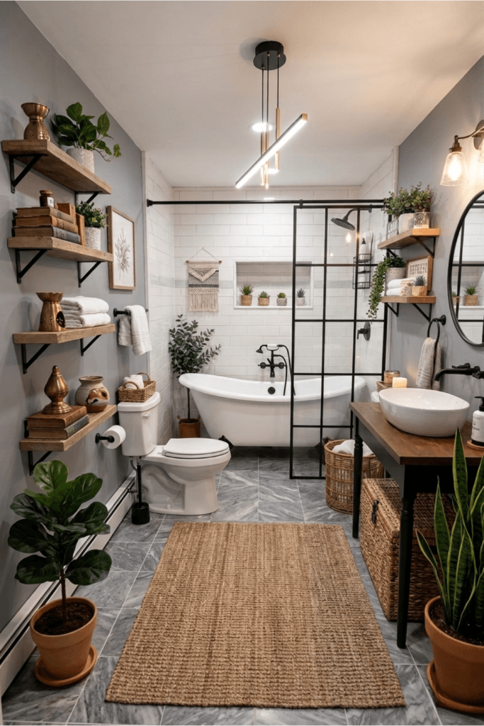 Small bathroom with floating wooden shelves, built in storage, neutral towels, and clutter free vertical organization ideas