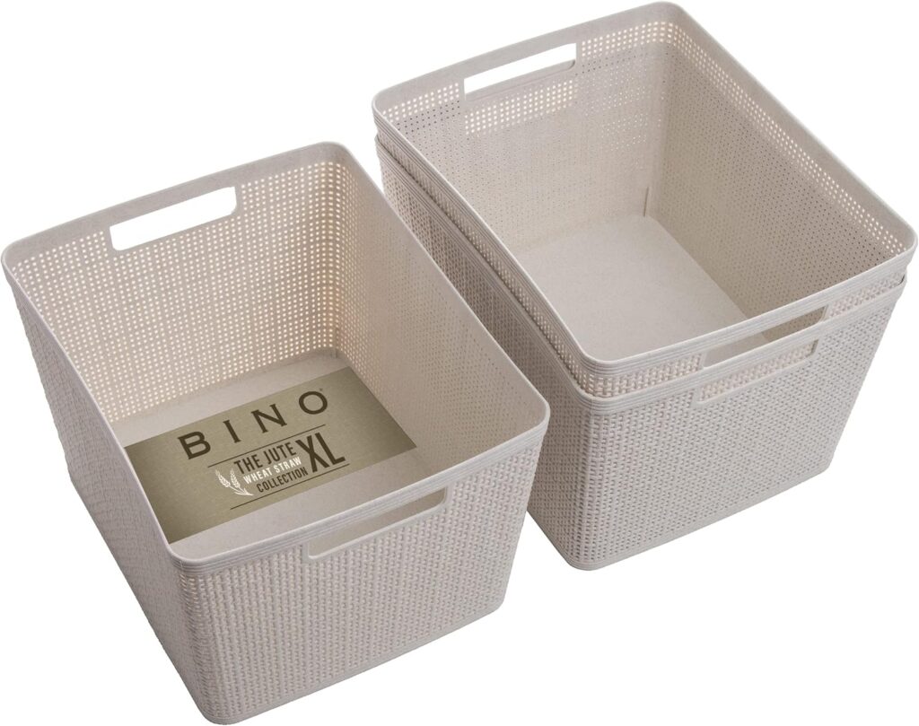 Neutral plastic storage bins for small bathroom organization ideas