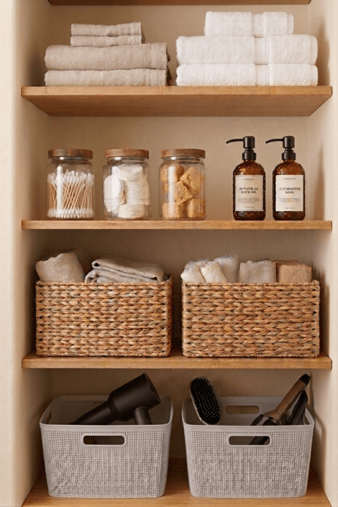 Small bathroom shelf ideas with woven baskets, neutral storage bins, glass jars, and rolled towels to hide clutter beautifully