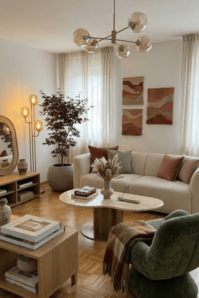 Small apartment living room with boucle sofa, warm neutral decor, soft lighting, and expensive-looking calm styling ideas
