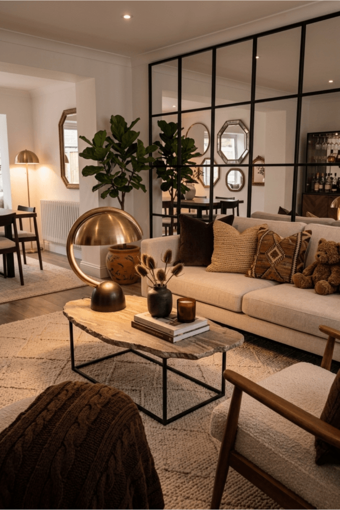 Small apartment with glass wall divider, layered lighting, warm neutral tones, and boutique hotel inspired living room design