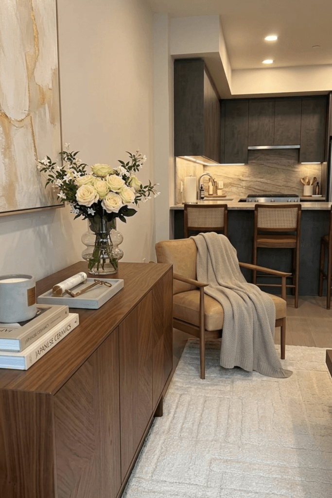 Small apartment console styling with walnut cabinet, soft neutral decor, flowers, and clutter-free luxury apartment aesthetic