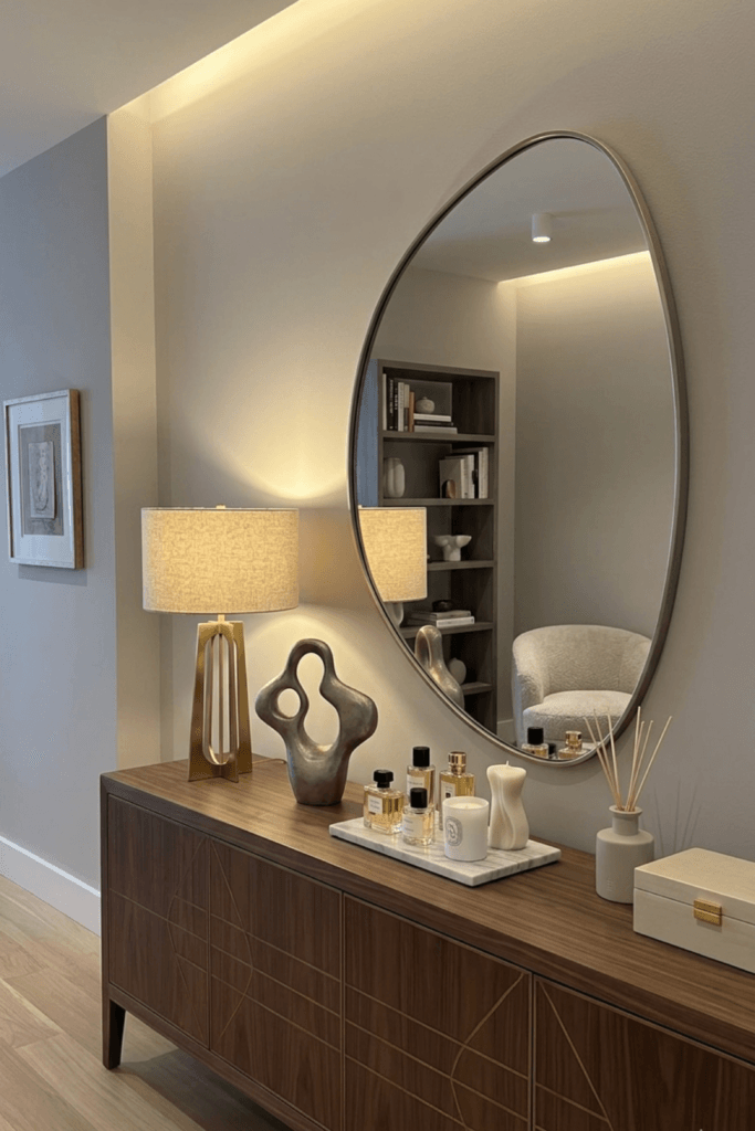 Minimal apartment entryway with large mirror, warm lighting, and calm expensive-looking home decor styling