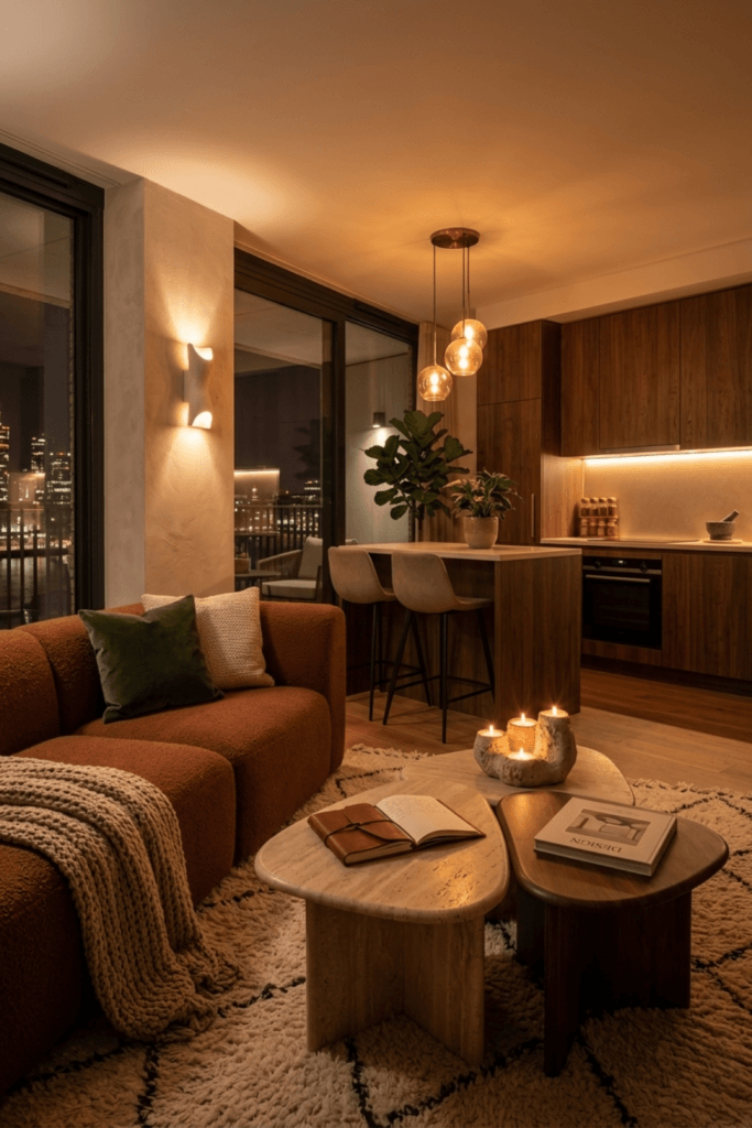 Cozy small apartment with warm lighting, wood kitchen cabinets, soft textures, and luxury apartment decor ideas