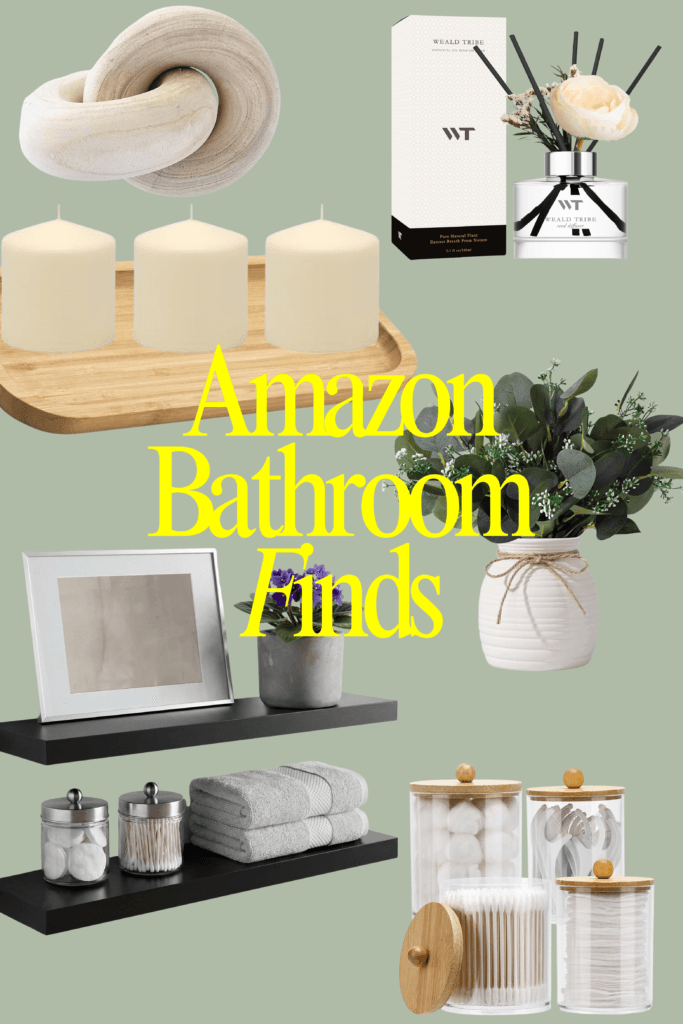 Amazon bathroom finds collage featuring floating shelves, candles, white towels, glass storage jars, greenery, and calm spa-inspired bathroom decor