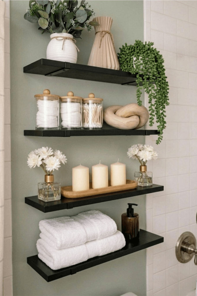 Bathroom floating shelf organization ideas with black shelves, folded white towels, candles on a wooden tray, glass jars, and trailing greenery