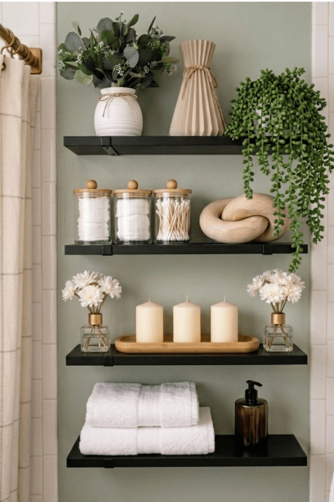 Calm bathroom shelf styling with black floating shelves, white towels, glass storage jars, candles, greenery, and neutral bathroom decor