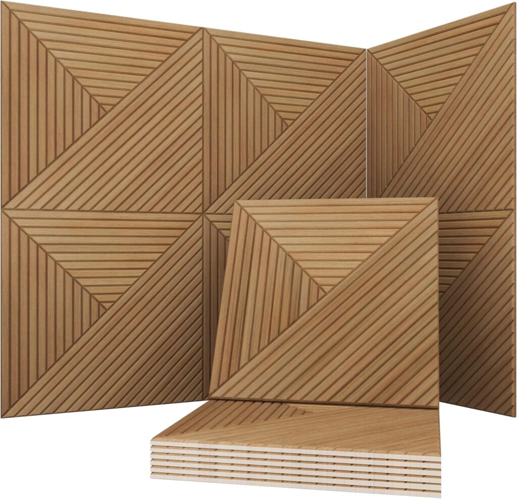 Decorative wood slat wall panels adding texture and visual zoning to a calm minimalist entryway