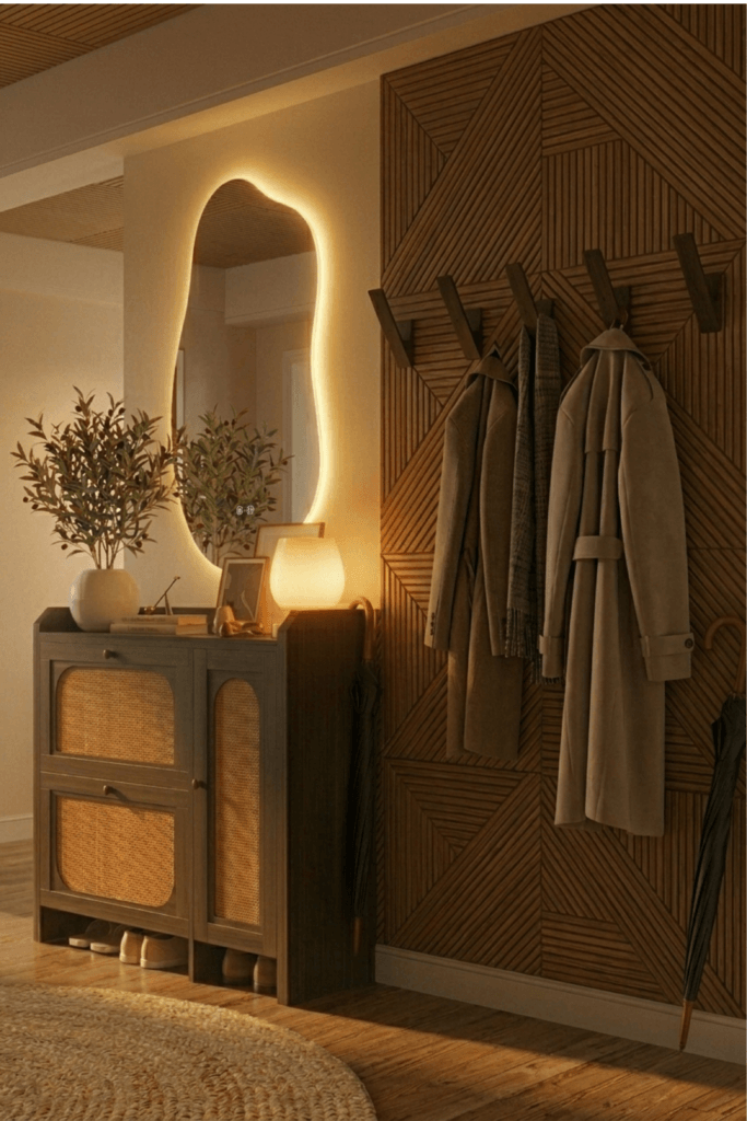 Small entryway with hidden shoe storage cabinet, warm ambient lighting, wood slat wall panels, and minimalist wall hooks in a calm Japandi-style apartment