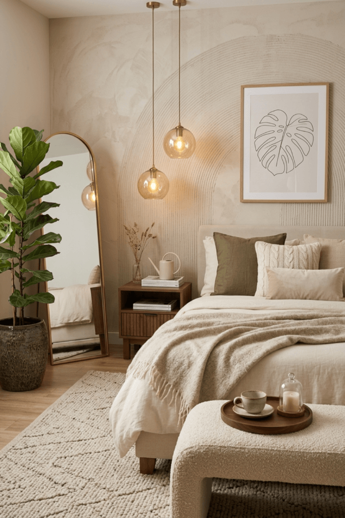 Calm small bedroom with textured plaster wall, floor-length arched mirror, layered neutral bedding and warm natural wood accents