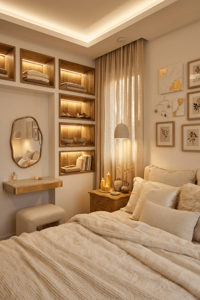 Cozy small bedroom with recessed ceiling lighting, built-in wooden wall niches, warm LED lighting and soft neutral bedding