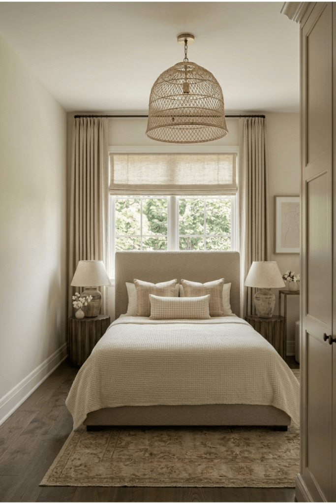  Neutral small bedroom with symmetrical nightstands, woven pendant light, soft curtains and cozy layered textures