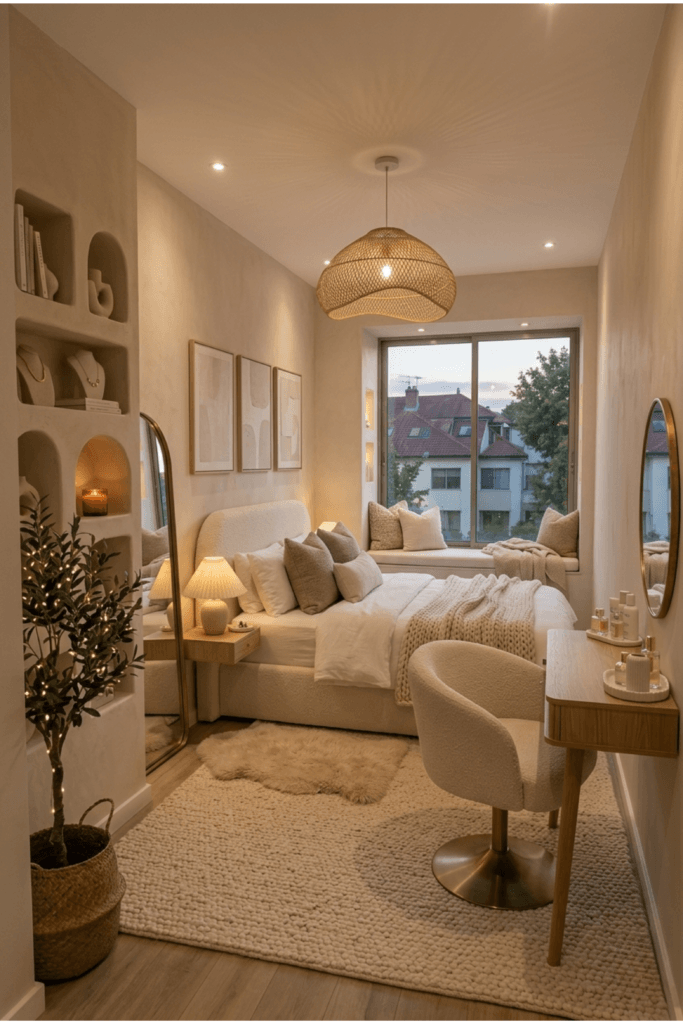 Narrow small bedroom with organic wall niches, built-in window seating, warm lighting and space-saving layout ideas