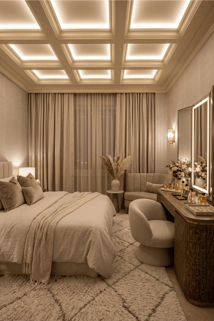 Luxury small bedroom with warm layered lighting, soft neutral tones, textured rug and calm cozy evening atmosphere